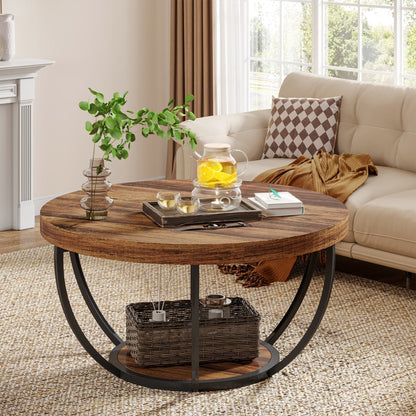 Wooden Coffee Table, 2-Tier Round Central Cocktail Table with Shelves Tribesigns