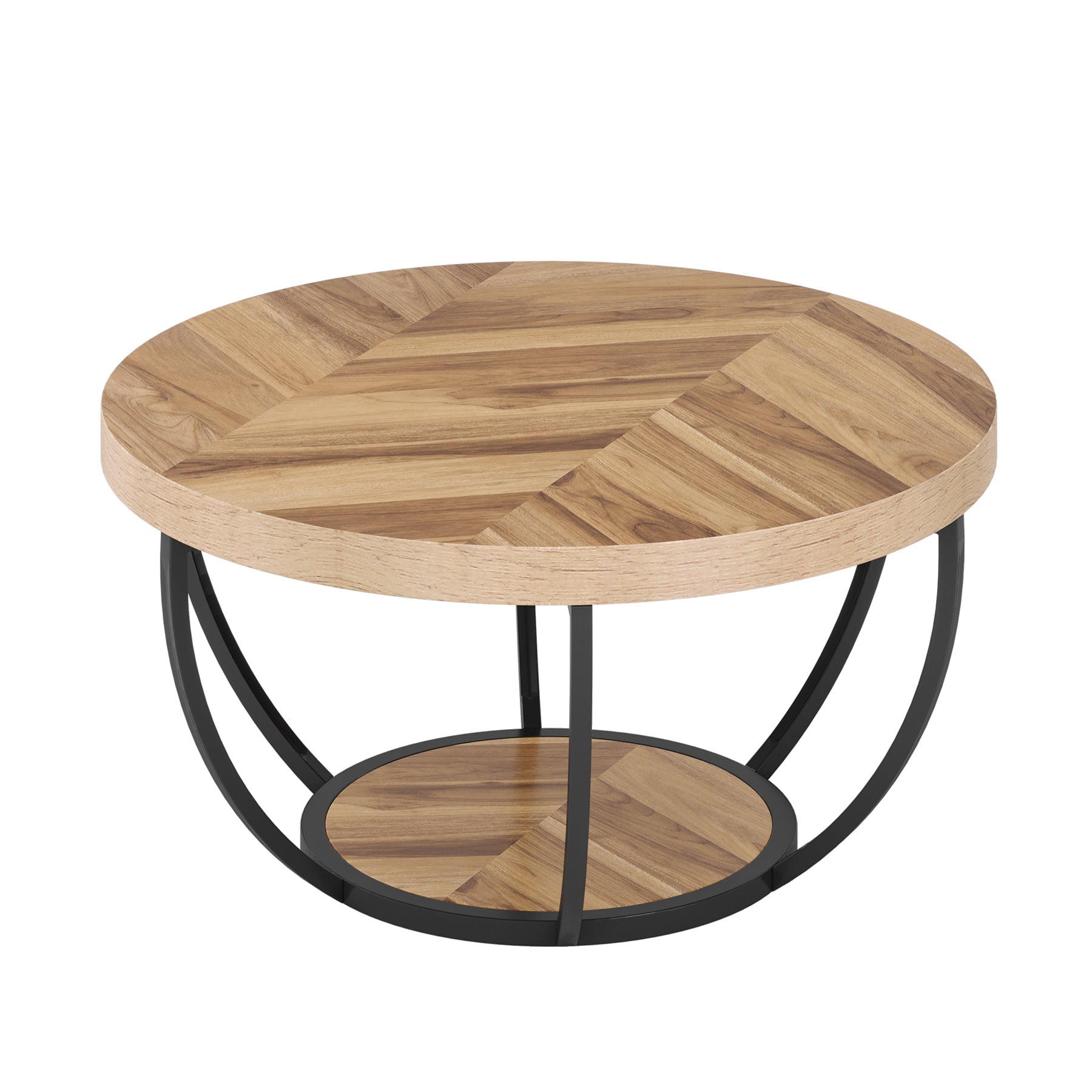 Wooden Coffee Table, 2-Tier Round Central Cocktail Table with Shelves Tribesigns